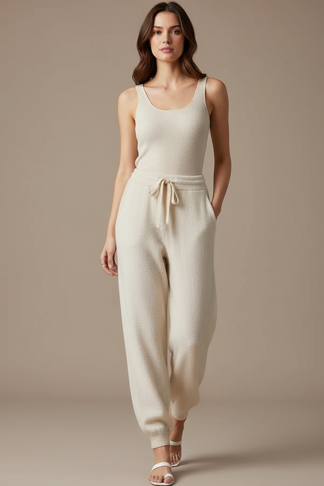 Pantalon Blanc Décontracté Laine Molletonnée Confortable Femme - Beige