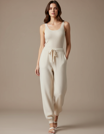 Pantalon Blanc Décontracté Laine Molletonnée Confortable Femme - Beige