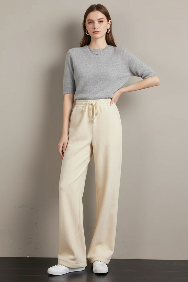 Pantalon Blanc Côtelé Ample Taille Haute Cordon - Beige Cordé
