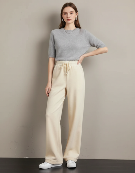 Pantalon Blanc Côtelé Ample Taille Haute Cordon - Beige Cordé