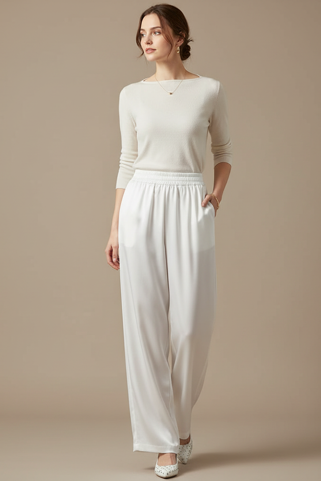 Pantalon Blanc Fluide Satiné Ample Élégant Femme