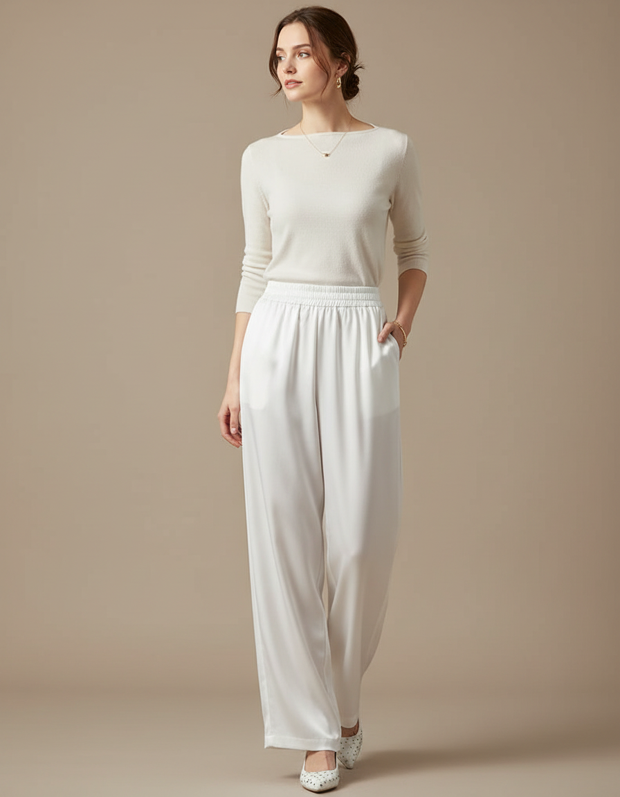 Pantalon Blanc Fluide Satiné Ample Élégant Femme