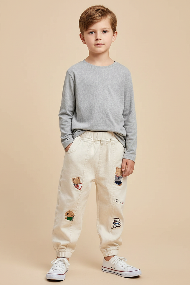 Pantalon Blanc Brodé Ours Décontracté Garçon Coton - Beige