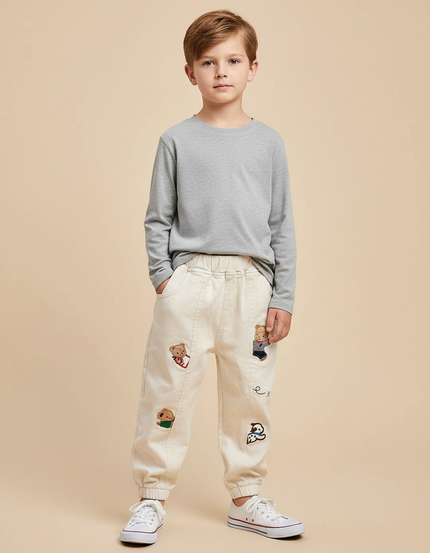 Pantalon Blanc Brodé Ours Décontracté Garçon Coton - Beige