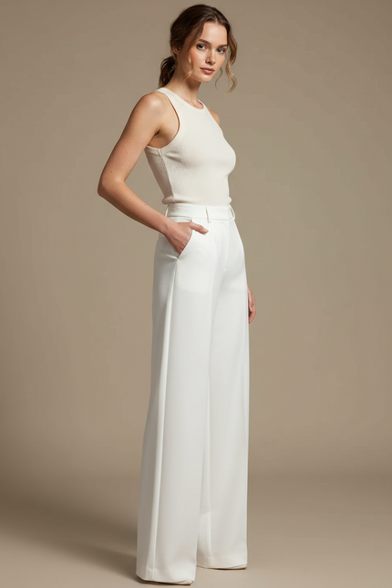 Pantalon Blanc Fluide Élégant Taille Haute Femme - Polyester