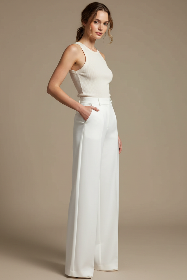 Pantalon Blanc Fluide Élégant Taille Haute Femme - Polyester