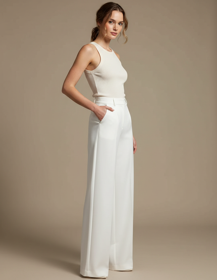 Pantalon Blanc Fluide Élégant Taille Haute Femme - Polyester