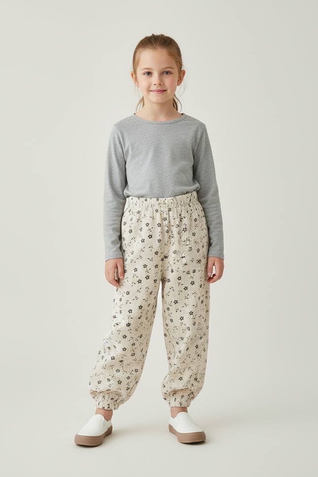 Pantalon Blanc Côtelé Imprimé Ample Fille - Beige Cordé