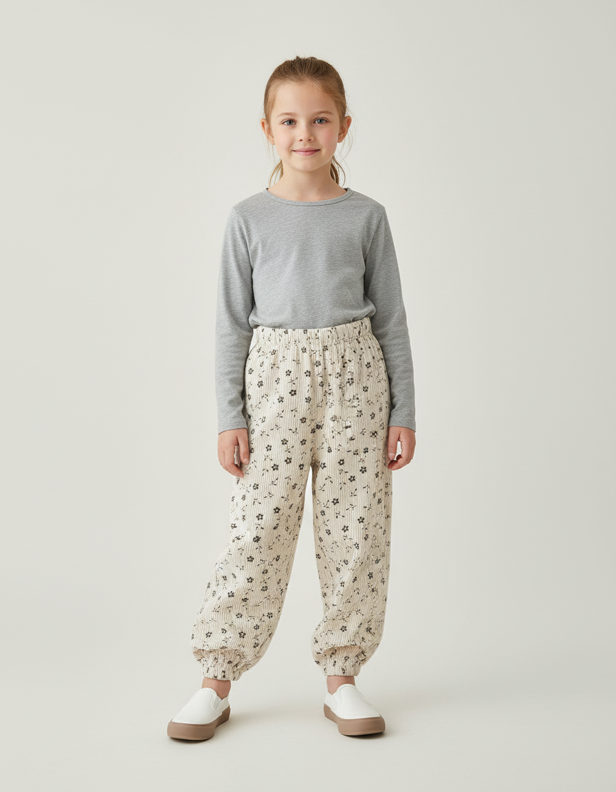 Pantalon Blanc Côtelé Imprimé Ample Fille - Beige Cordé