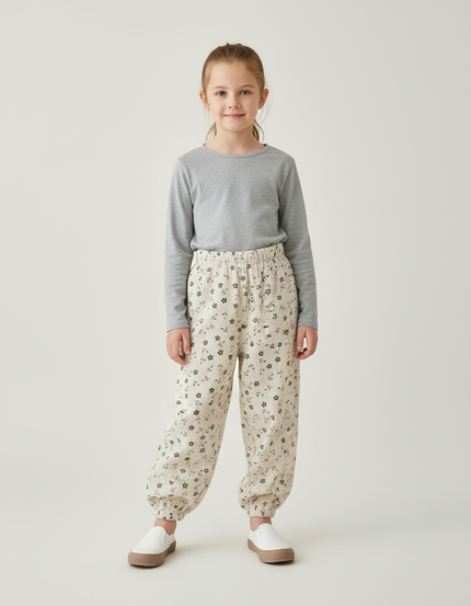 Pantalon Blanc Côtelé Imprimé Ample Fille - Beige Cordé