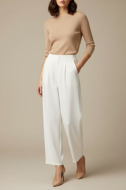 Pantalon Blanc Fluide Plissé Taille Haute Femme - Polyester