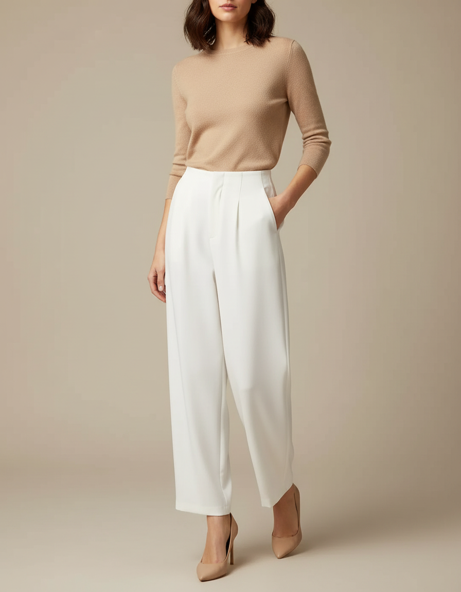 Pantalon Blanc Fluide Plissé Taille Haute Femme - Polyester