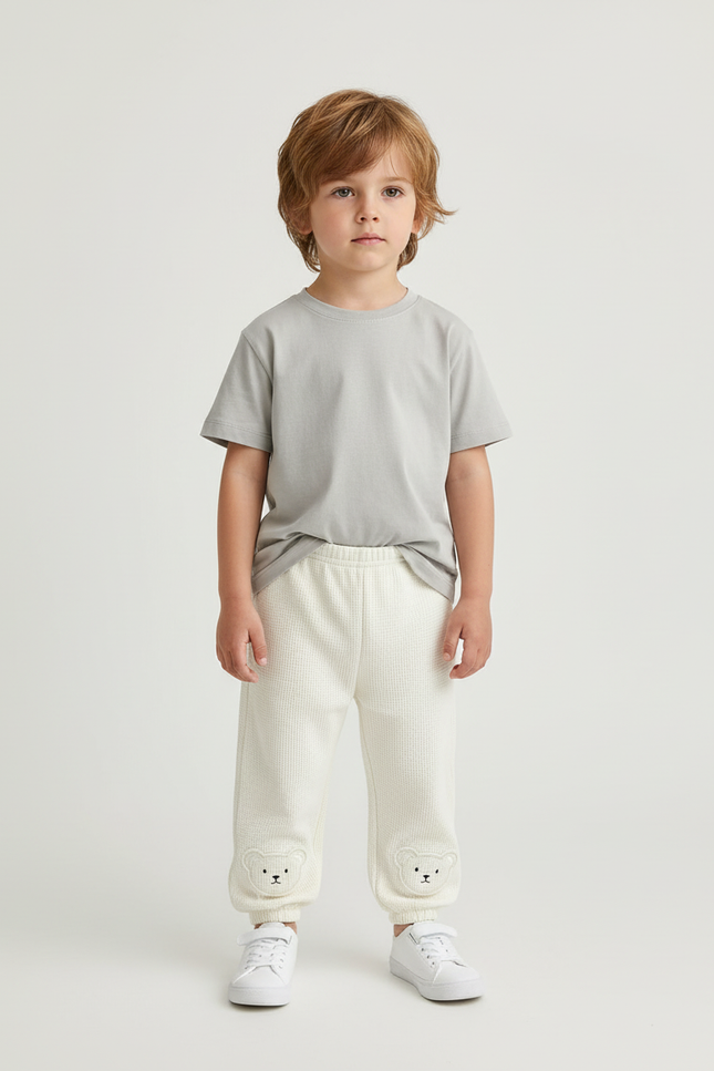 Pantalon Blanc Gauffré Bébé Mignon Oursons Confortable - Maille