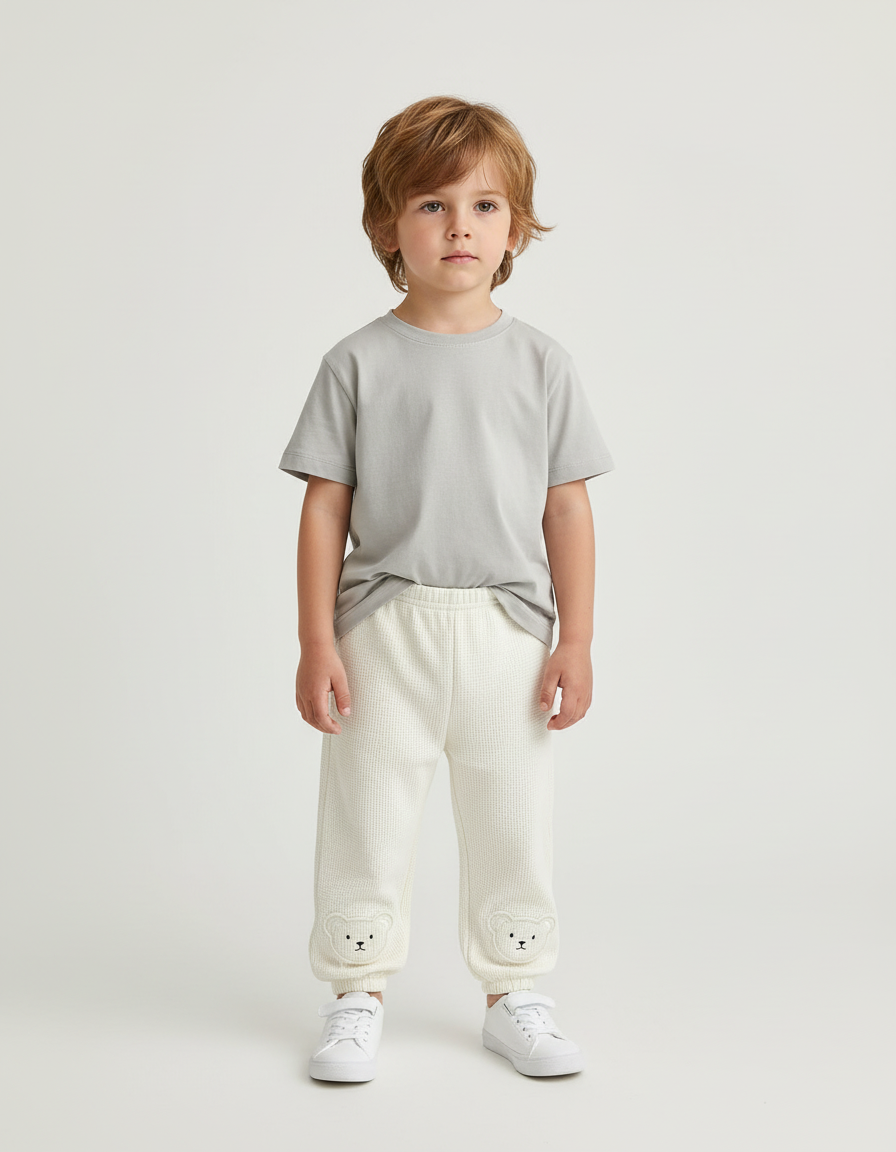 Pantalon Blanc Gauffré Bébé Mignon Oursons Confortable - Maille
