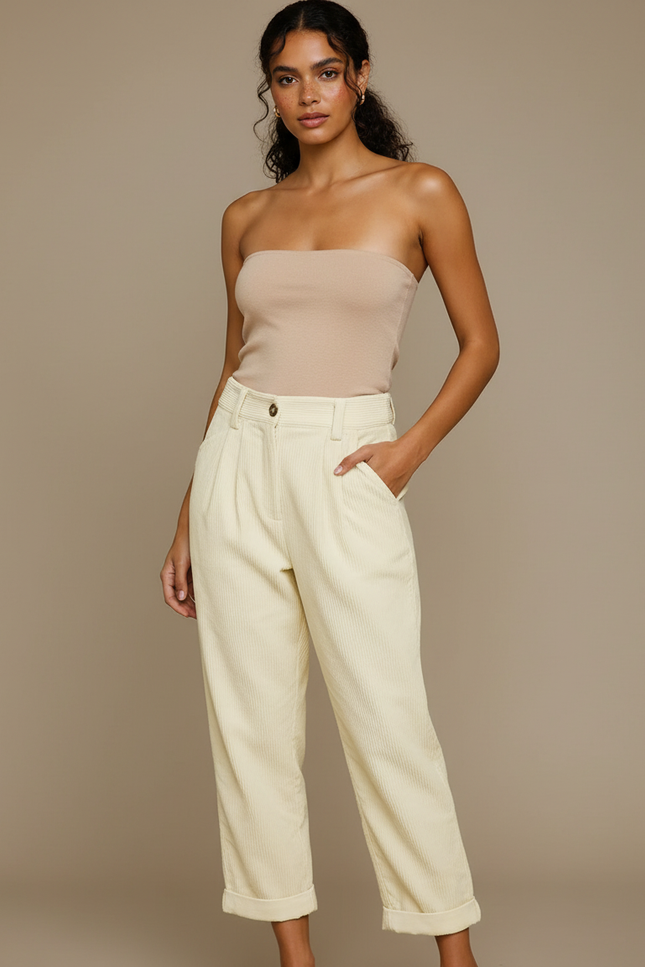 Pantalon Blanc Côtelé Plissé Décontracté Femme - Beige Cordé