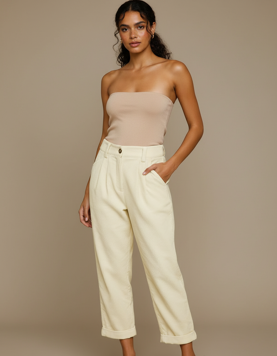 Pantalon Blanc Côtelé Plissé Décontracté Femme - Beige Cordé
