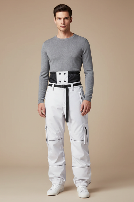 Pantalon Blanc Cargo Ample Imperméable Ceinture Noire - Polyester