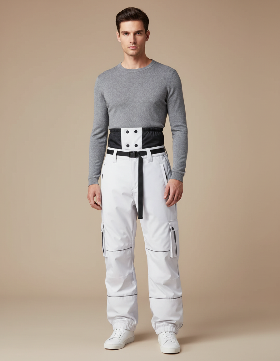 Pantalon Blanc Cargo Ample Imperméable Ceinture Noire - Polyester