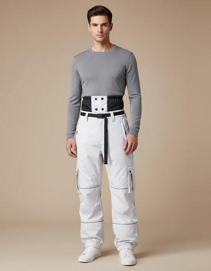 Pantalon Blanc Cargo Ample Imperméable Ceinture Noire - Polyester