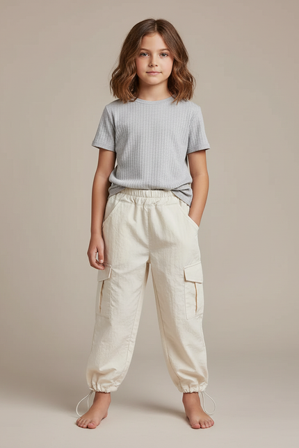 Pantalon Blanc Cargo Ample Casual Enfant Coton - Beige Toile