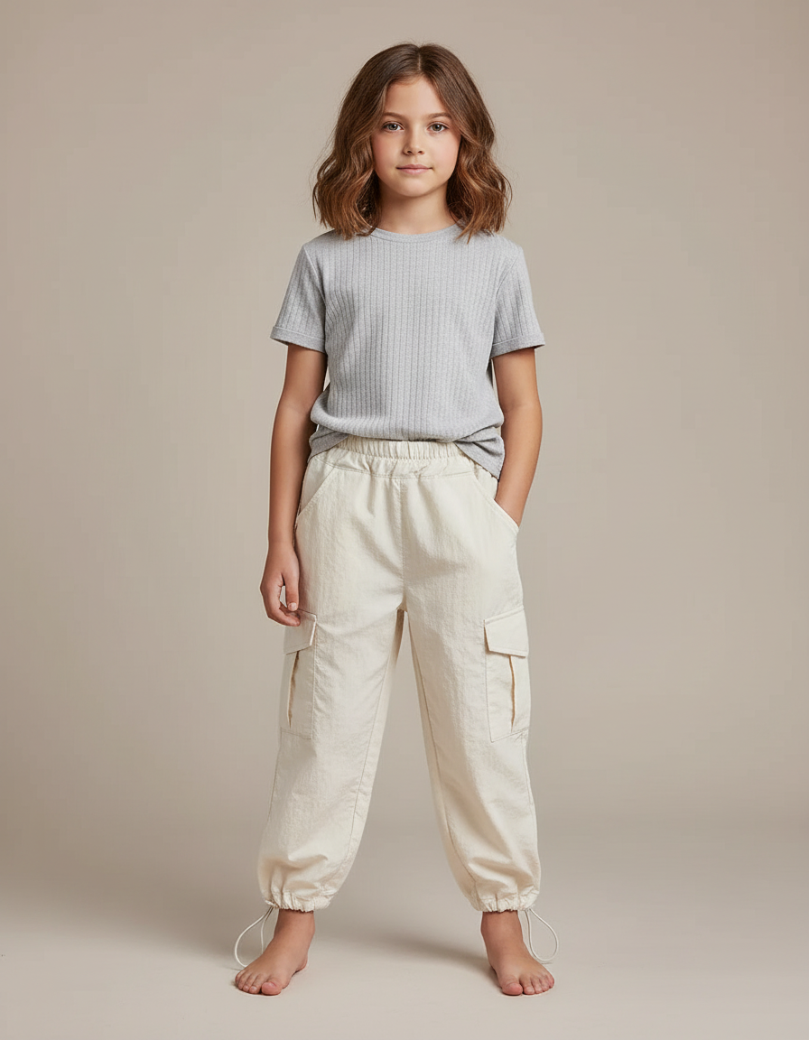 Pantalon Blanc Cargo Ample Casual Enfant Coton - Beige Toile