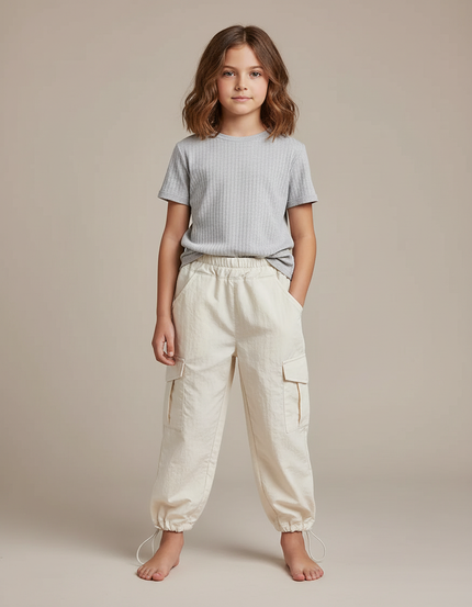 Pantalon Blanc Cargo Ample Casual Enfant Coton - Beige Toile