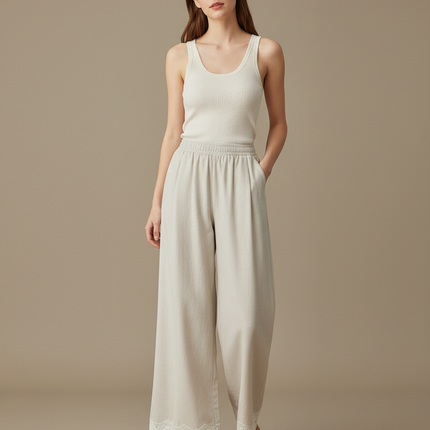 Pantalon Blanc Ample Dentelle Décontracté Femme - Beige Lin