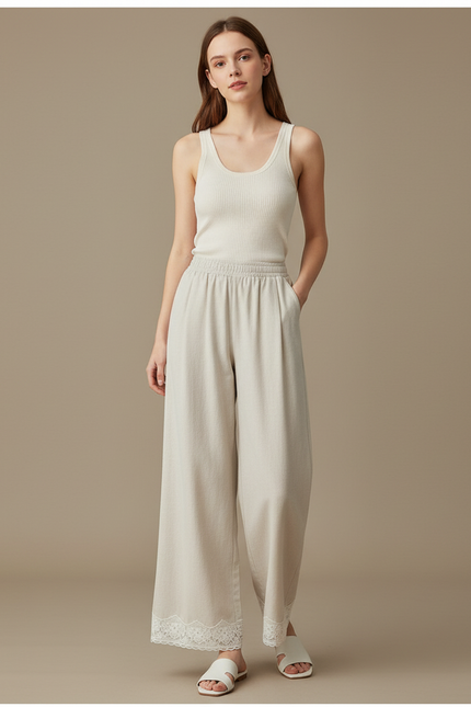 Pantalon Blanc Ample Dentelle Décontracté Femme - Beige Lin