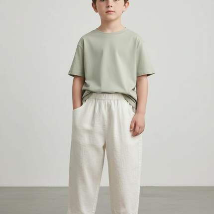 Pantalon Blanc Ample Texturé Décontracté Enfant - Lin