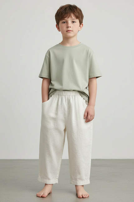 Pantalon Blanc Ample Texturé Décontracté Enfant - Lin