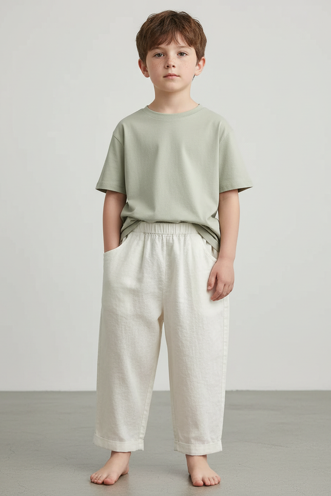 Pantalon Blanc Ample Texturé Décontracté Enfant - Lin
