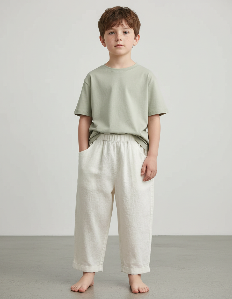 Pantalon Blanc Ample Texturé Décontracté Enfant - Lin
