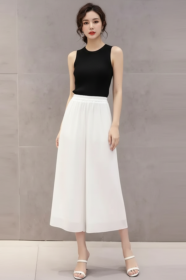 Pantalon Blanc Fluide Ample Chiffon Taille Haute Décontracté - Polyester
