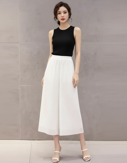 Pantalon Blanc Fluide Ample Chiffon Taille Haute Décontracté - Polyester
