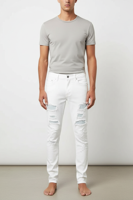 Pantalon Blanc Homme Slim Détruit Patché Décontracté - Jean