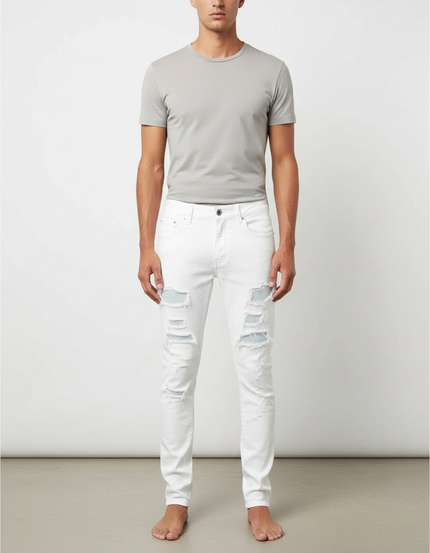 Pantalon Blanc Homme Slim Détruit Patché Décontracté - Jean
