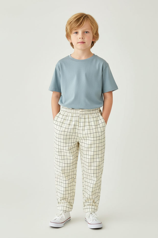 Pantalon Blanc À Carreaux Décontracté Enfant - Coton