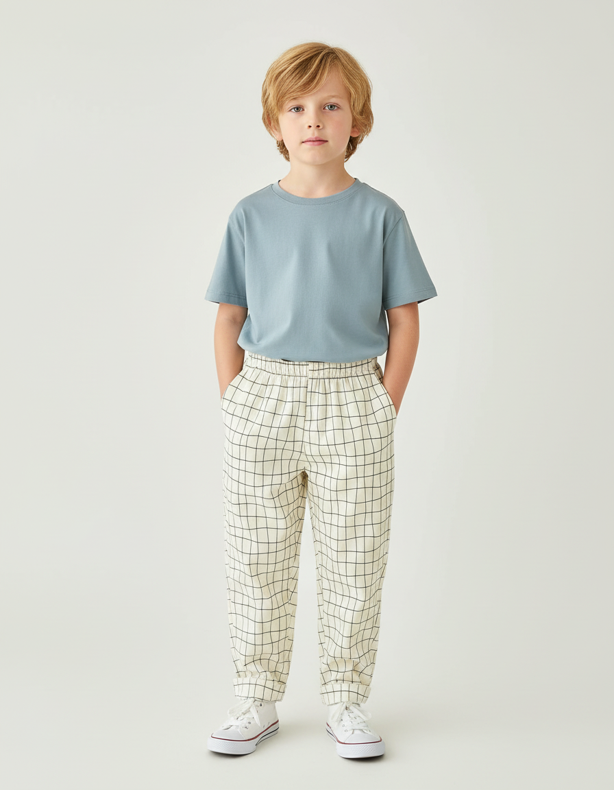 Pantalon Blanc À Carreaux Décontracté Enfant - Coton