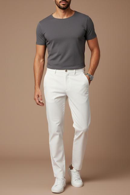 Pantalon Blanc Homme Slim Coton Décontracté Élégant
