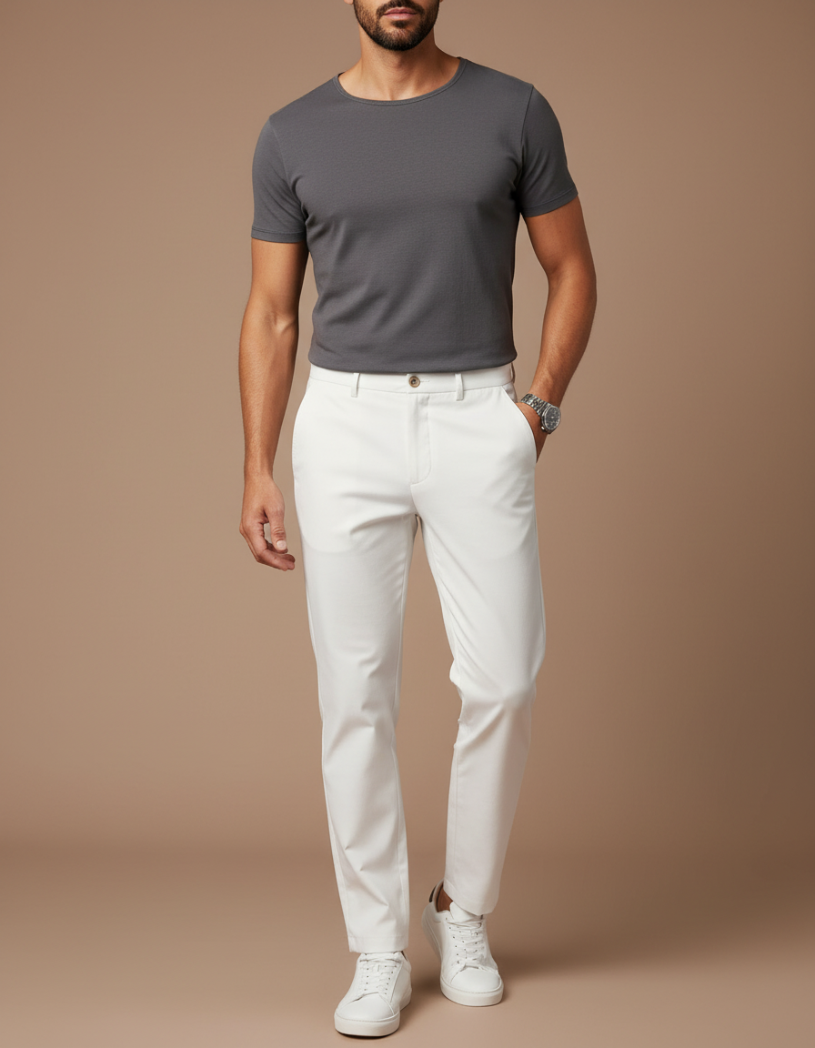 Pantalon Blanc Homme Slim Coton Décontracté Élégant