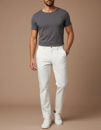 Pantalon Blanc Homme Slim Coton Décontracté Élégant