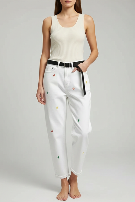 Pantalon Blanc Brodé Harlan Décontracté Femme - Jean