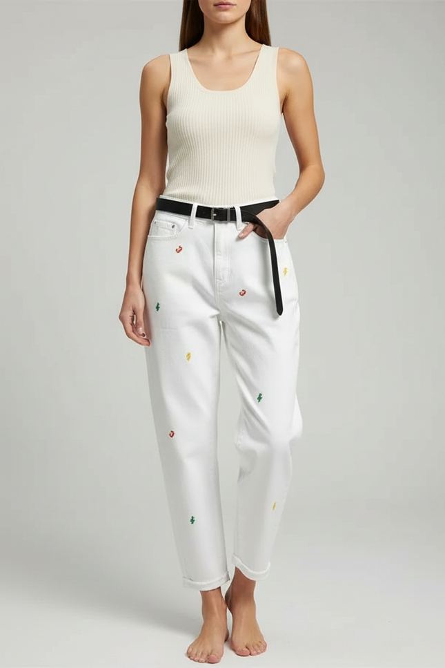 Pantalon Blanc Brodé Harlan Décontracté Femme - Jean