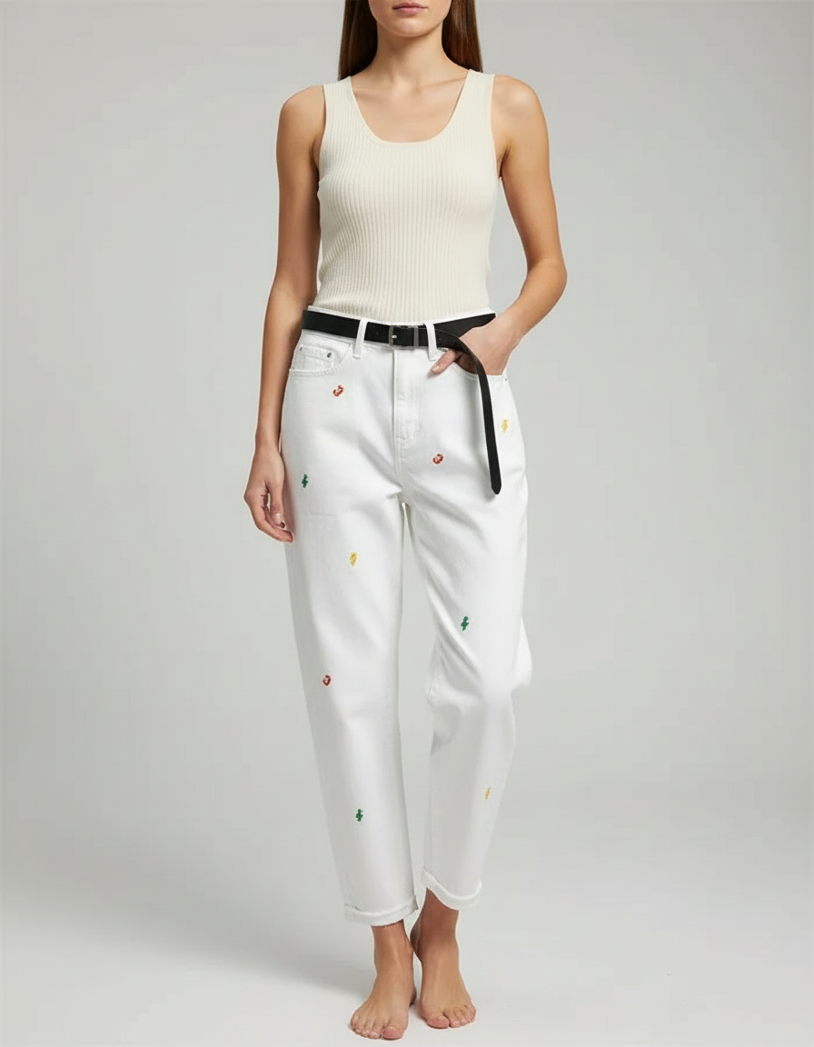 Pantalon Blanc Brodé Harlan Décontracté Femme - Jean