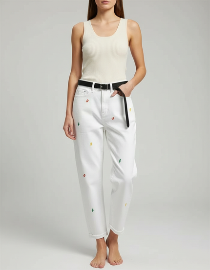 Pantalon Blanc Brodé Harlan Décontracté Femme - Jean