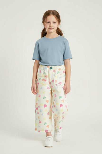 Pantalon Blanc Large Cœurs Imprimés Fille Décontracté - Jean