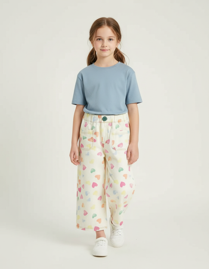 Pantalon Blanc Large Cœurs Imprimés Fille Décontracté - Jean