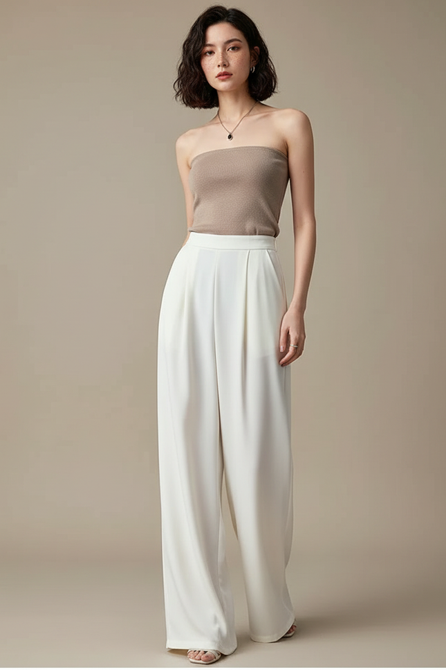 Pantalon Blanc Fluide Ample Élégant Femme - Polyester
