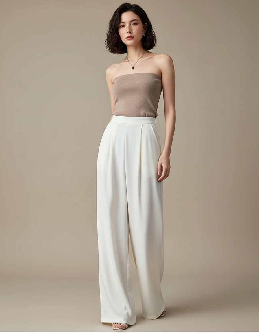 Pantalon Blanc Fluide Ample Élégant Femme - Polyester