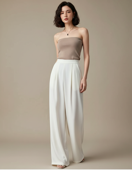 Pantalon Blanc Fluide Ample Élégant Femme - Polyester